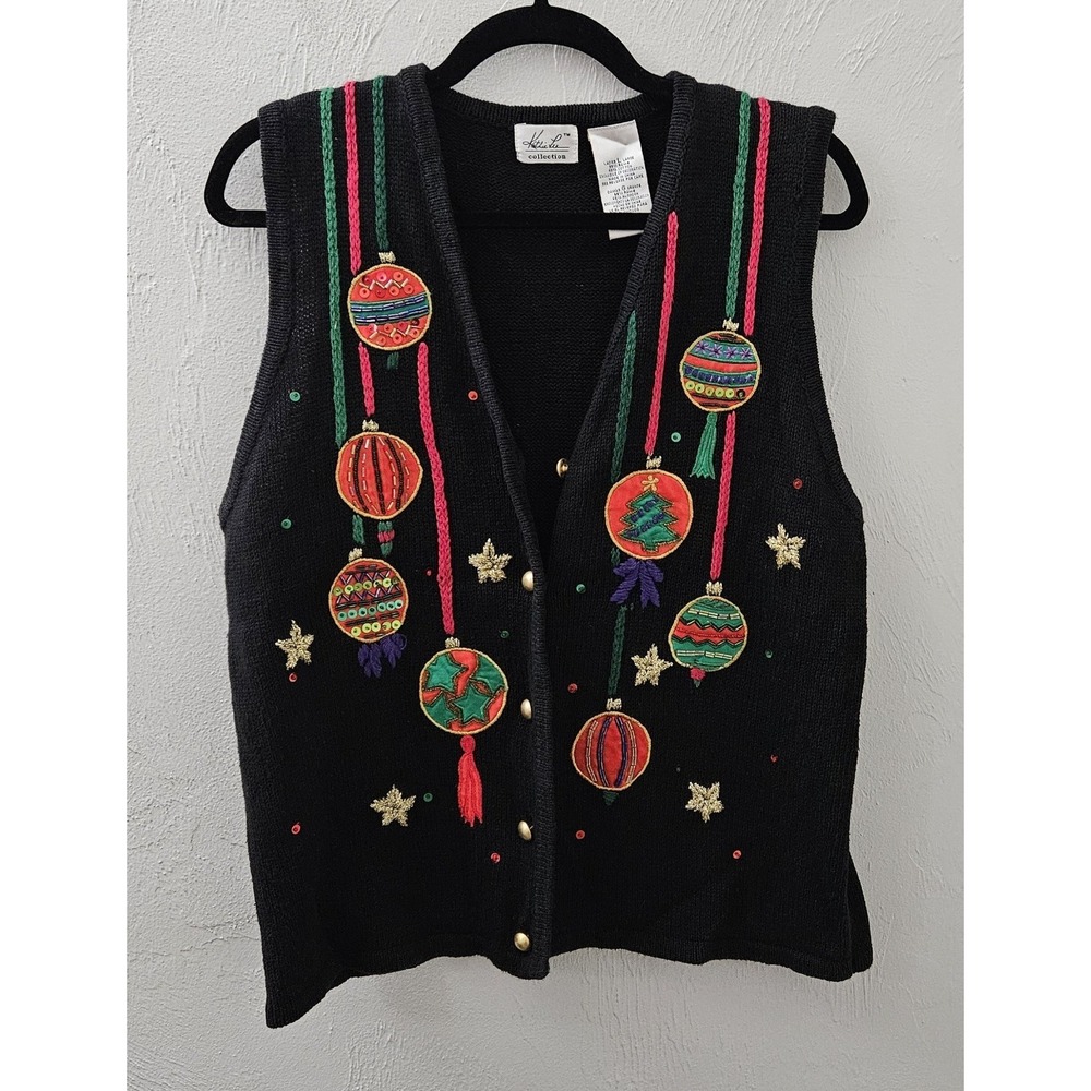 Vintage Holiday Ornaments Knit Sweater Vest Black Embroidered Beaded Women Large